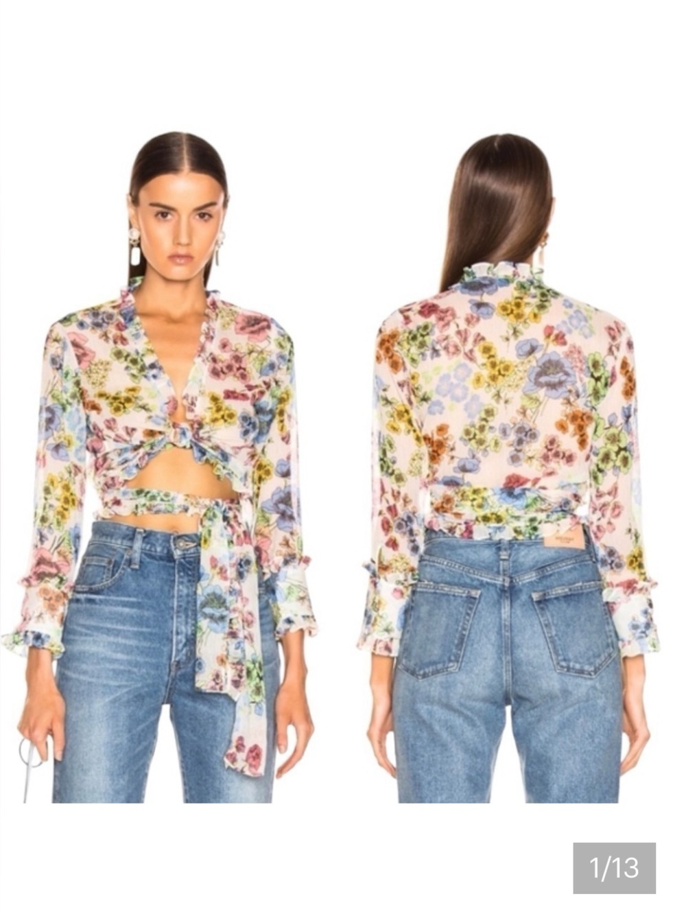 Alexis Missie Floral Print Wrap Blouse Top M Tie Front Sheer Long Sleeve Ruffle